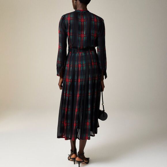 NWT J.Crew Tie-Neck Dress in Stewart Tartan Viscose Chiffon Black Red Green XS - Picture 3 of 15